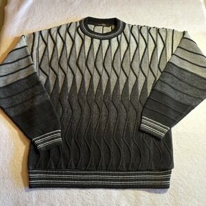 BAHRACH Mens Sweater Size S Black Gray 3D Knit‎ Geometric Pattern Long Sleeve